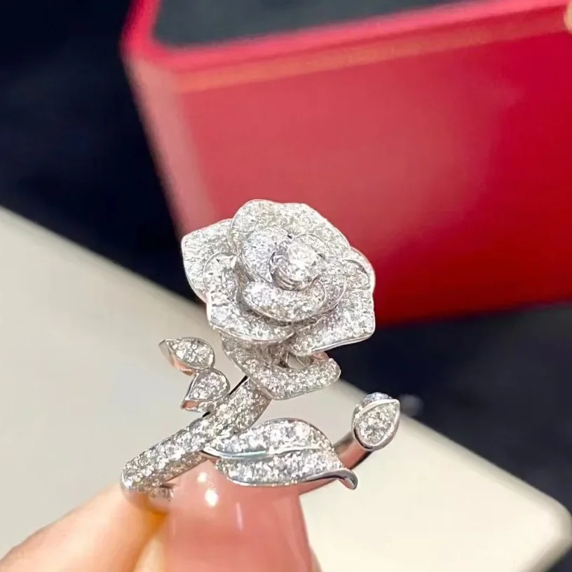 Delicate Women Rose Flower Leaves Rings Simple Fashion 925 Sterling Silver Finger Ring Jewelry Lady Valentine\'S Day Gift Jewelry