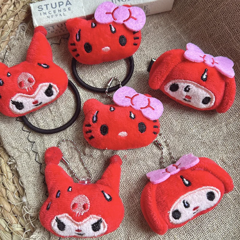 

Japanese Style Red Pepper Hello Kitty Plush Keychain Cute My Melody Plush Hair Tie Cartoon Headwear Backpack Zipper Accessories