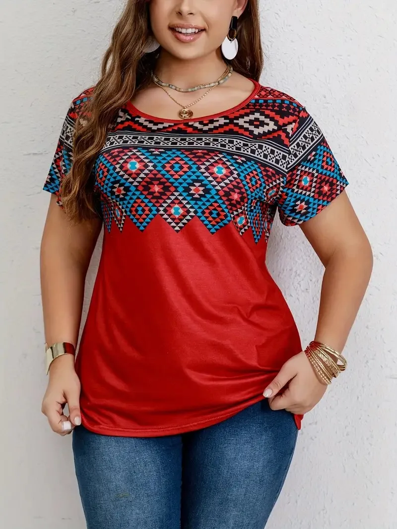 Women T Shirt Plus Size Tops Fashion clothes Women\'s Plus Southwestern Print Casual Tees Round Neck Short Sleeve T-shirt Tops