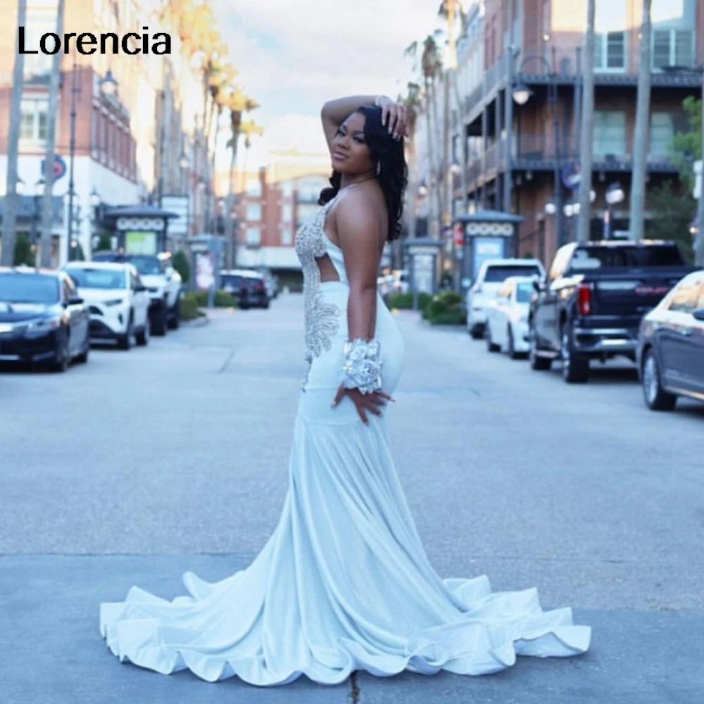 Lorencia Silver Sequins Mermaid Prom Dress For Black Girls African Diamonds Beading Formal Party Gala Gown Robe De Soirée YPD101