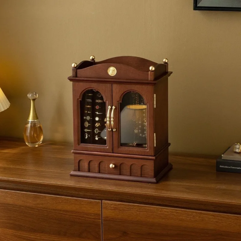 

Wood Retro Jewelry Box Wedding Gift Ring Jewellery Boxes Dressing Table Exquisite Trinket Case Necklaces Rotate Display Cases