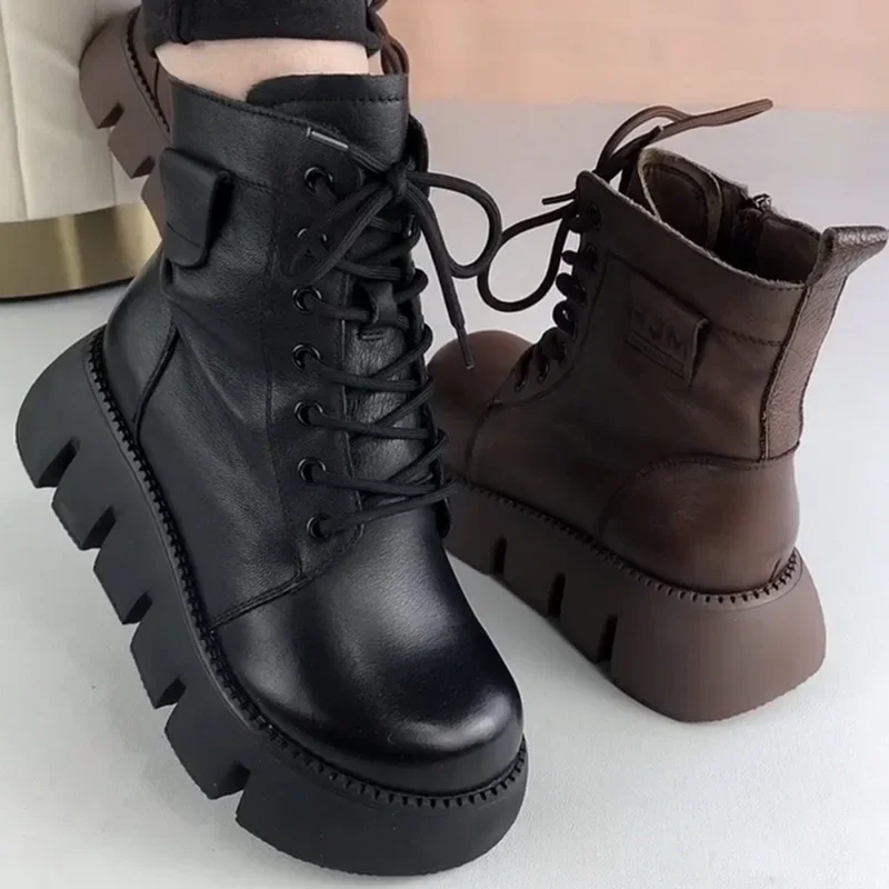 Sepatu bot salju untuk wanita, sepatu bot pendek sol tebal antiselip kulit Solf, sepatu Platform renda mewah hangat ujung bulat bergaya Vintage untuk wanita