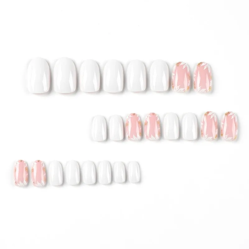 24 Pcs White Simple Press on Acyrlic Nails Short Round Fashion Girls Fake Nails Set Medium Holiday Nail Art for Beautiful Gluing