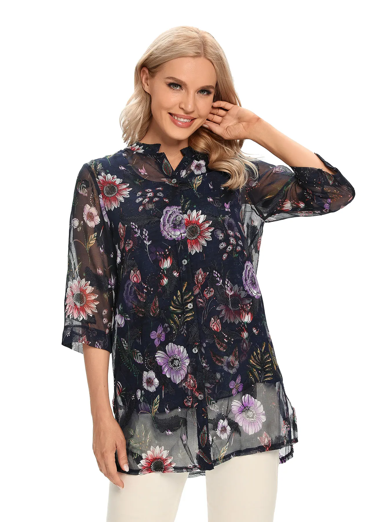 Camisa casual elegante tecida feminina para primavera e verão
