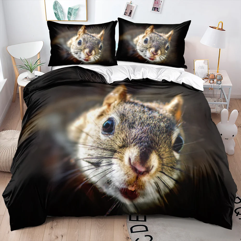 

3D Squirrel Funny Animal 2/3pcs Bedding Set Black Unique Soft Duvet Cover With Pillow Shames King Queen Size For Kids Teens Boys