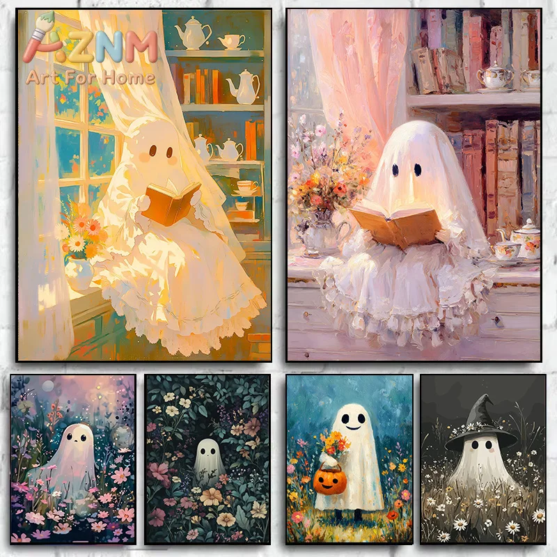 Modern Cozy Ghost Reading By The Window Canvas Posters Halloween Cute Ghost Flowers Canvas Prints Painting for Living Room Decor