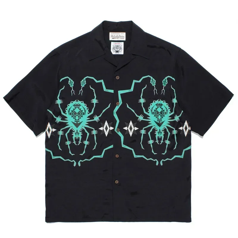 Black Hawaiian Shirts Wolf's Head 1:1 High Quality Men Spider Web Print Oversized Shirts