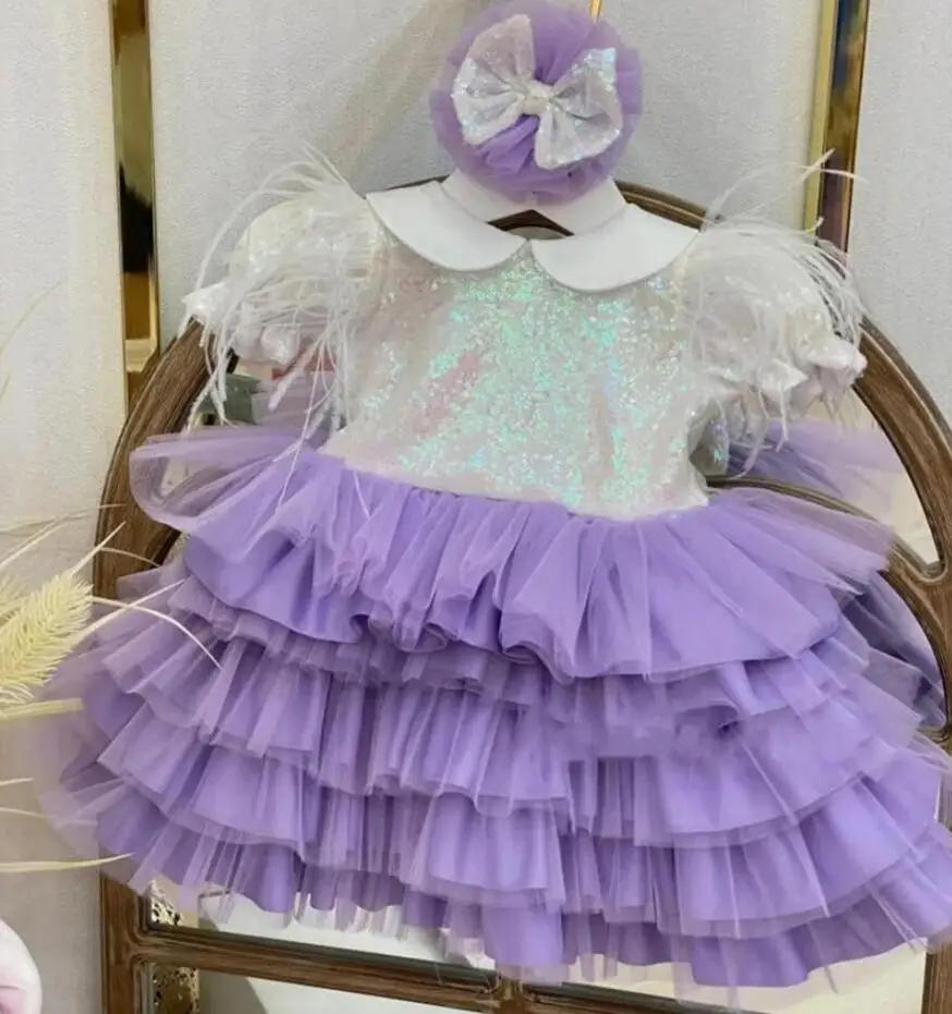 Cute Handmade Princess Dress Lavender Tulle White Sequined Infant Tutu Birthday Dress Party Gown Girls Outfit Photography