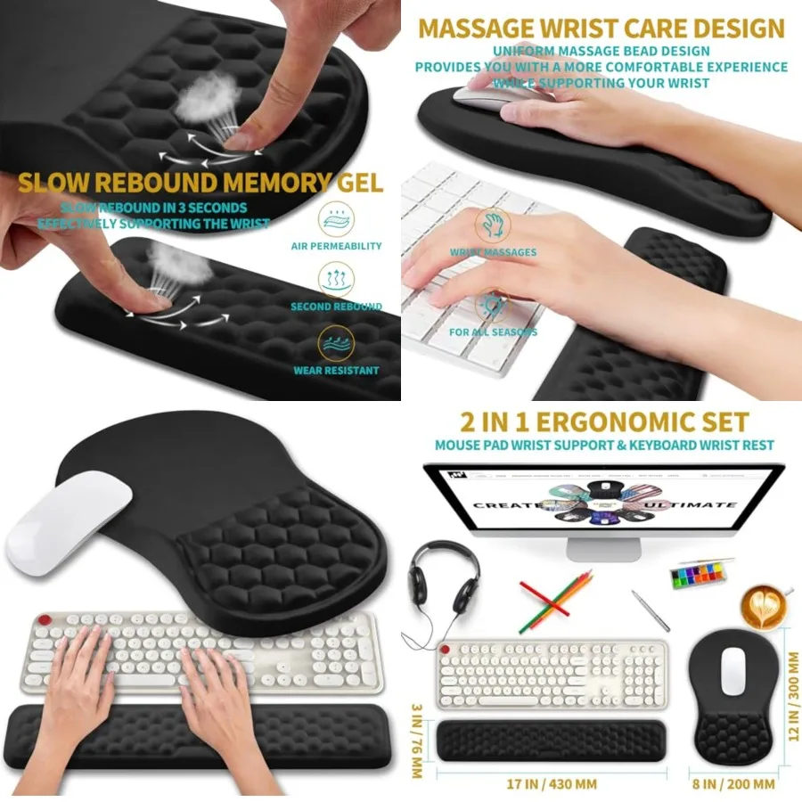 2 in 1 Ergonomic Mouse Pad Wrist Support Wrist Rest for Computer Keyboard Set, with Relieve Carpal Tunnel Pain Massage Bulge an