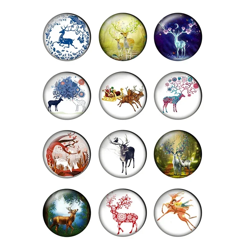 

12pcs Christmas Elk reindeer Round Photo Glass Cabochon 8 10 12 16 14 18 20 25mm Demo Flat Back DIY Jewelry Making Supplies T016