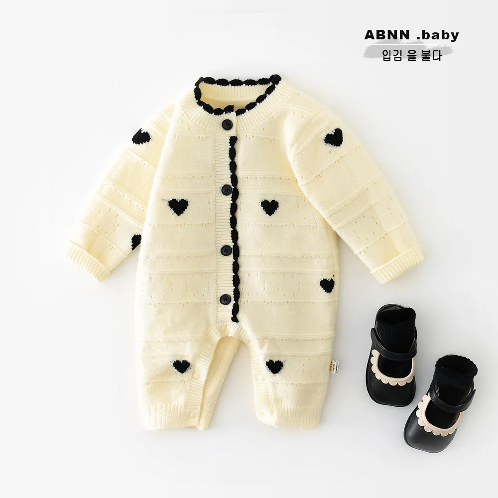 

Autumn Infant Baby Girl Romper Round-neck Heart-shaped Long-sleeve Kid Girl Jumpsuit Single-button Knitted Toddler Girl Bodysuit