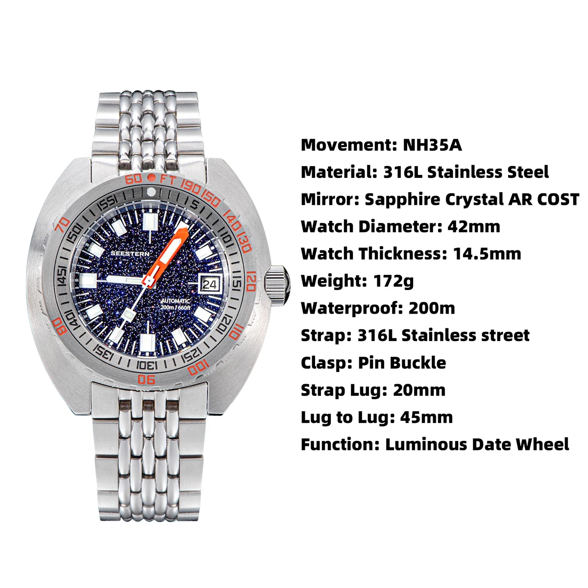 SEESTERN Uhr SUB300T Diver Automatik Mann mechanisch Saphirglas leuchtendes Datum wasserdicht 200-Gang-Armband Armbanduhr Retro
