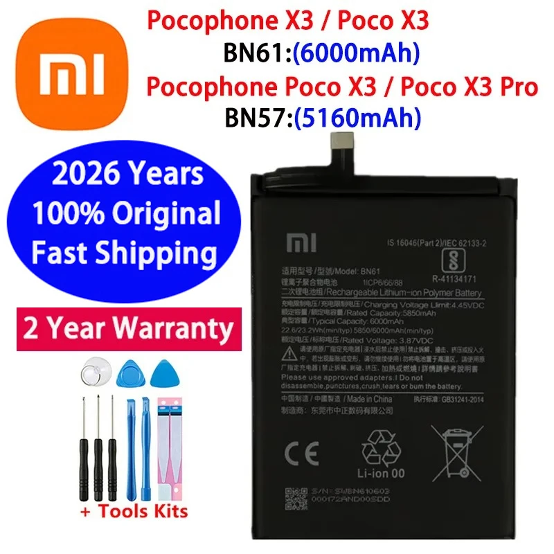 100% Original Xiao mi BN61 BN57 6000mAh Phone Battery For Xiaomi Pocophone X3 NFC Poco X3 Pro Replacement Batteries