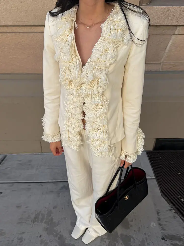 Urban Tassel Patchwork Blazer Women Elegant Full Sleeve V-neck Button Slim Jackets Female 2026 Autumn Winter Outwear Lady New