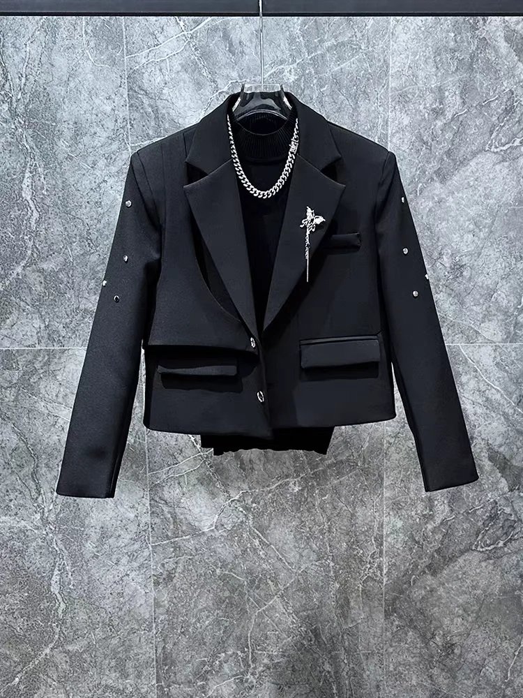2025 spring fall new blazer design sense metal decoration korean version padded shoulder suit top men's trend