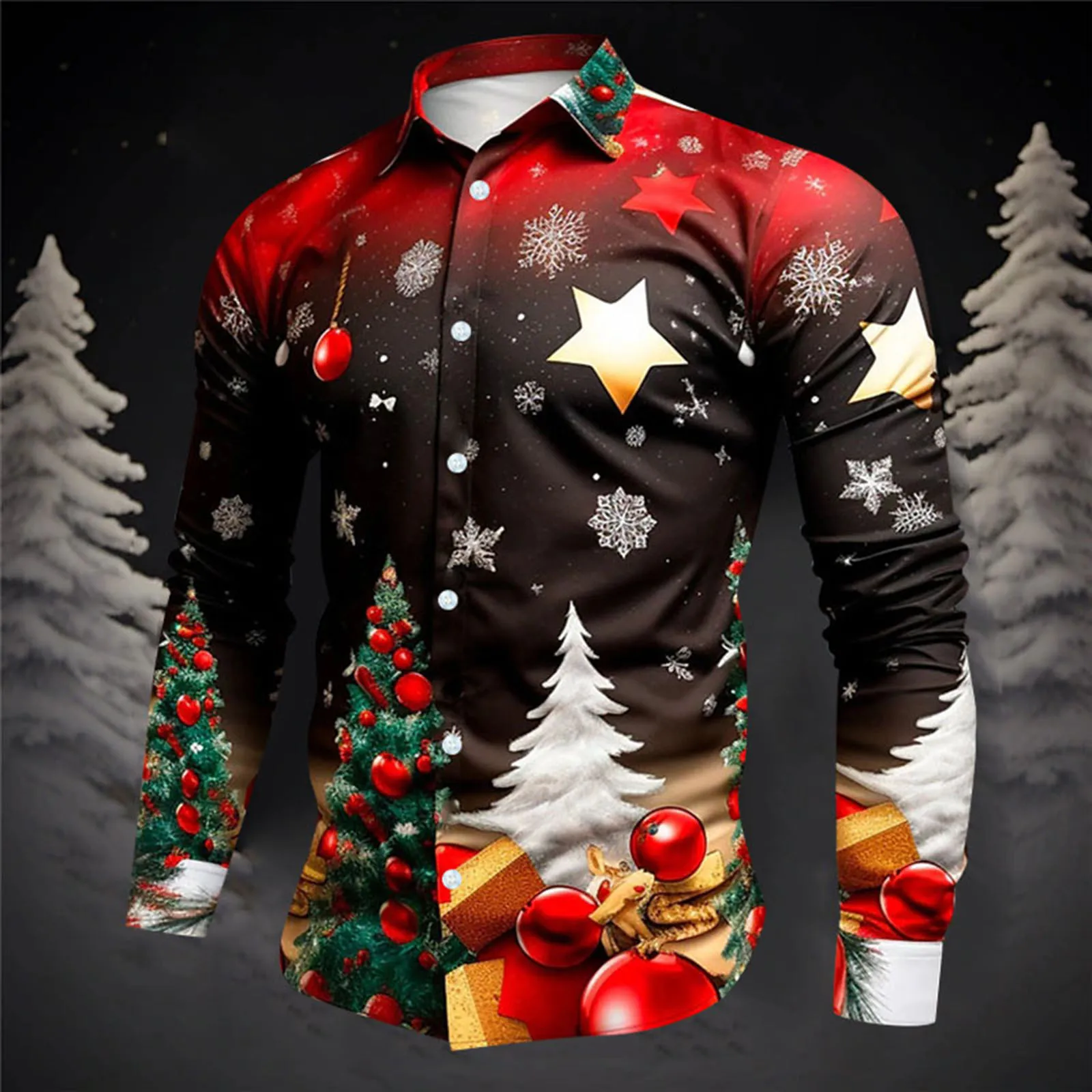 Christmas Casual Print Men\'s Shirts Hawaii Long Sleeve Lapel Button Floral Slim Fit Blouse Oversize Cartoon Elk Santa Claus Tops