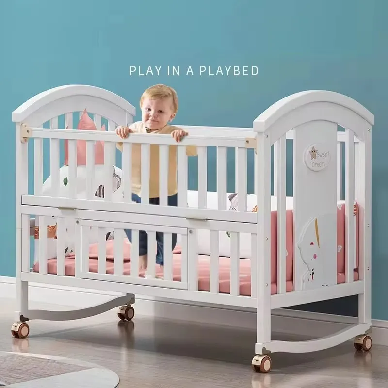 European-style solid wood baby bed – a versatile, mobile cradle that converts to an attachable bed, suitable for newborns and k