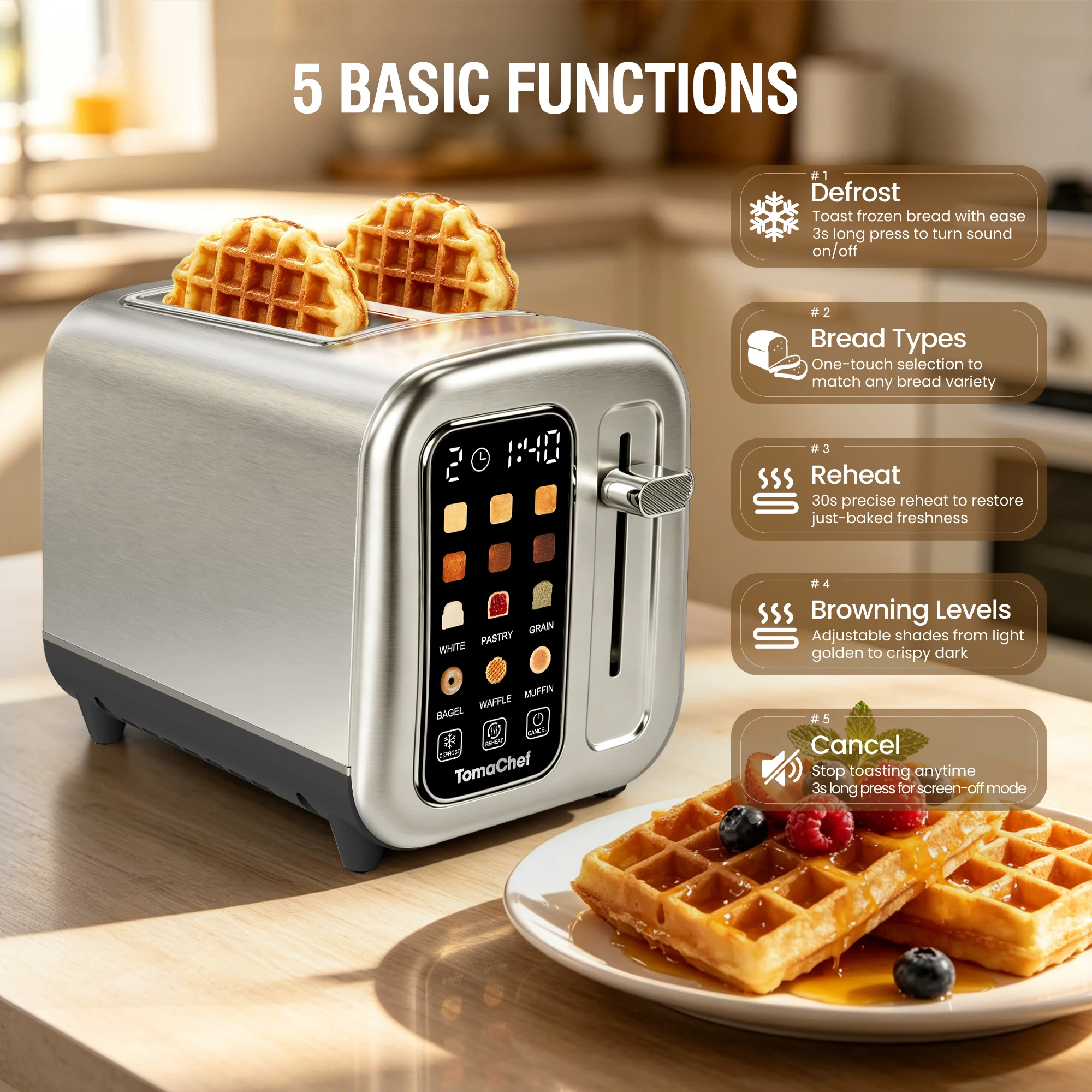 TomaChef 2 Slice Smart Toaster, Stainless Steel with LED Touchscreen & Digital Timer. 6 Shade Settings, Extra Wide Slots for Bagels, Waffles, and Muffins. Defrost, Reheat, Cancel Functions, +/-10 Second Adjustment for Precision. Removable Crumb Tray, Easy