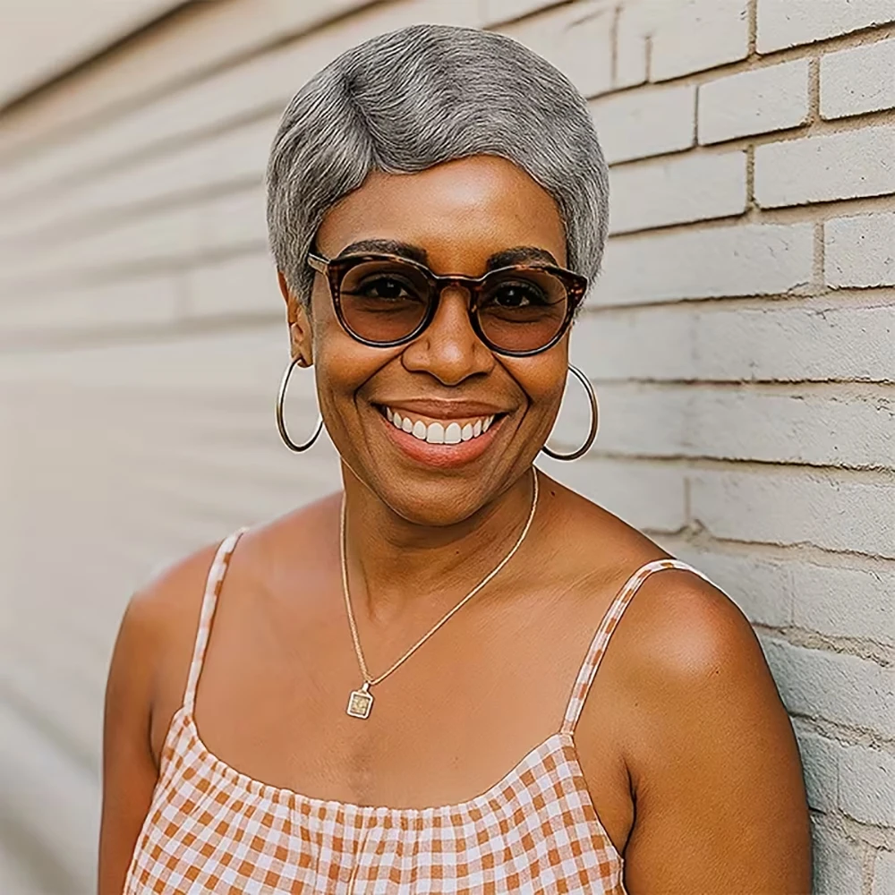 رمادي إصبع موجة شعر مستعار قصير عابث قطع الباروكات شعر الإنسان مع خط الشعر قبل قطعها للنساء الشعر البرازيلي آلة صنع شعر مستعار مجعد #1