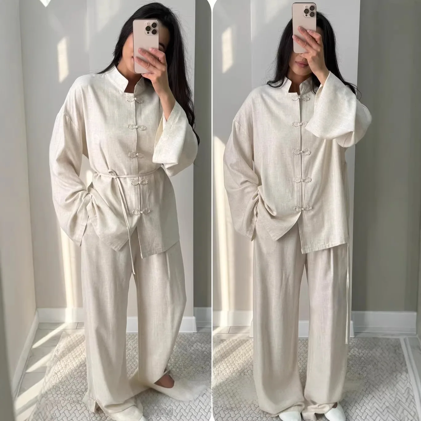 

Fashion 2 Pieces Sets Women Autumn Kimono Style Loose Lace Up Shirts Tops Women's Wide Leg Pants 2 Piece Sets Womens Outfits