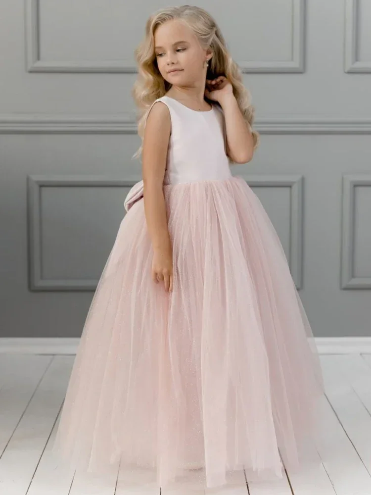 

Flower Girl Dresses Pink Satin Tulle WIth Bow Sleeveless For Wedding Birthday Party First Communion Gowns girls party dress