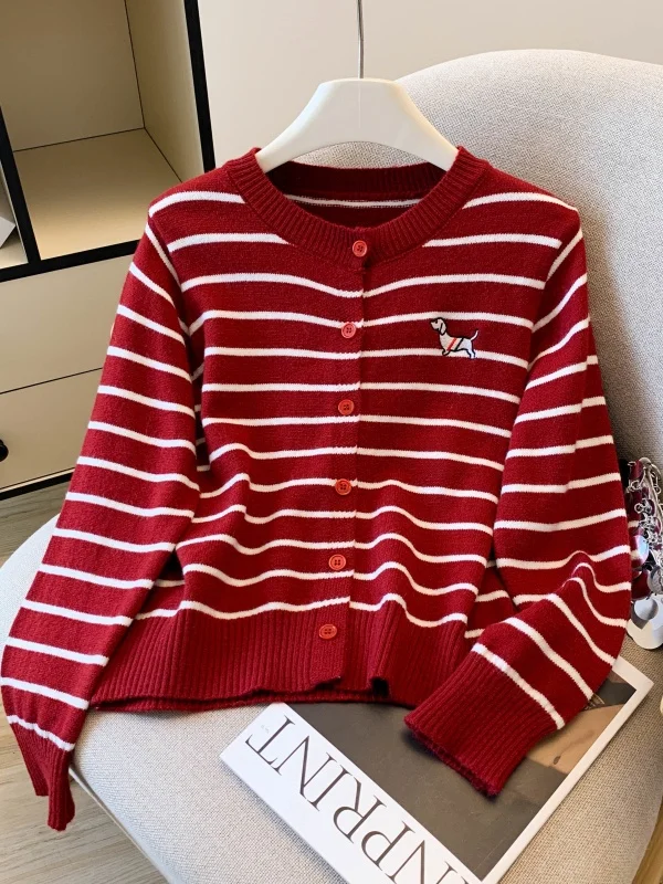 

Korean Sle Women's Lazy Faion Early Autumn Chic Striped Knitted Open Cardigan Outerwear Versatile High-End Feel Polyester...