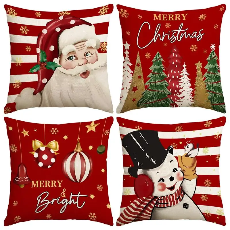 

4pcs Red Christmas Pillowcases Striped Santa Claus Snowman Pillow Cover Christmas Tree Merry Christmas Pattern Cushion Cover,
