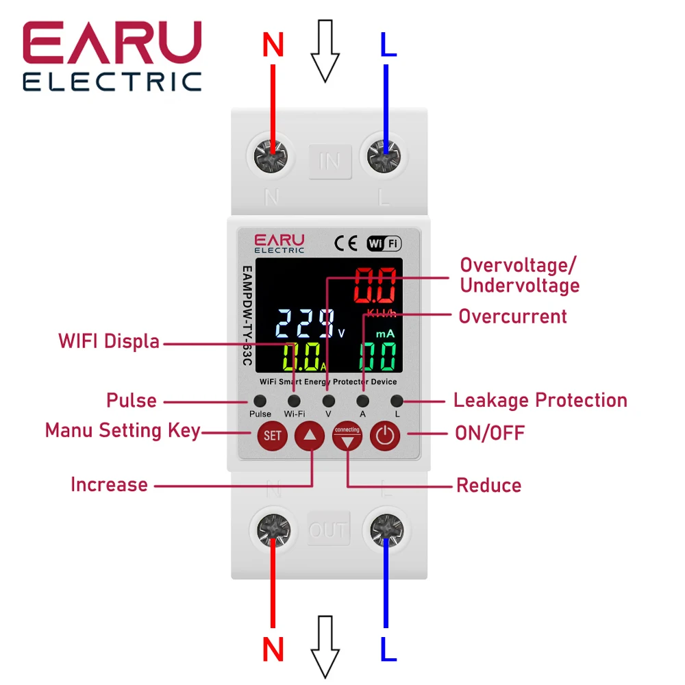 63A AC 230V Tuya WiFi Smart Energy Meter Power kWh Meter Earth Leakage Over Under Voltage Protector Relay Device Switch Breaker