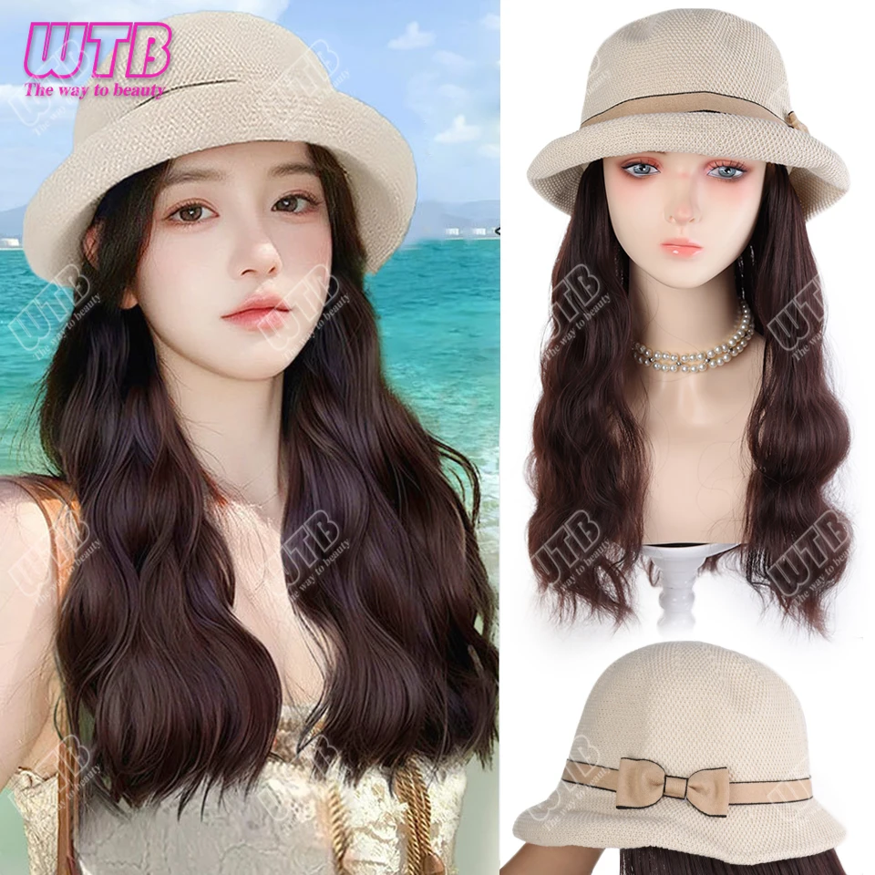 

Шляпа, парик, цельный женский натуральный синтетический модный бант, шляпа-ведро, вьющиеся волосы, синтетический парик, парики с полной головкой для женщин