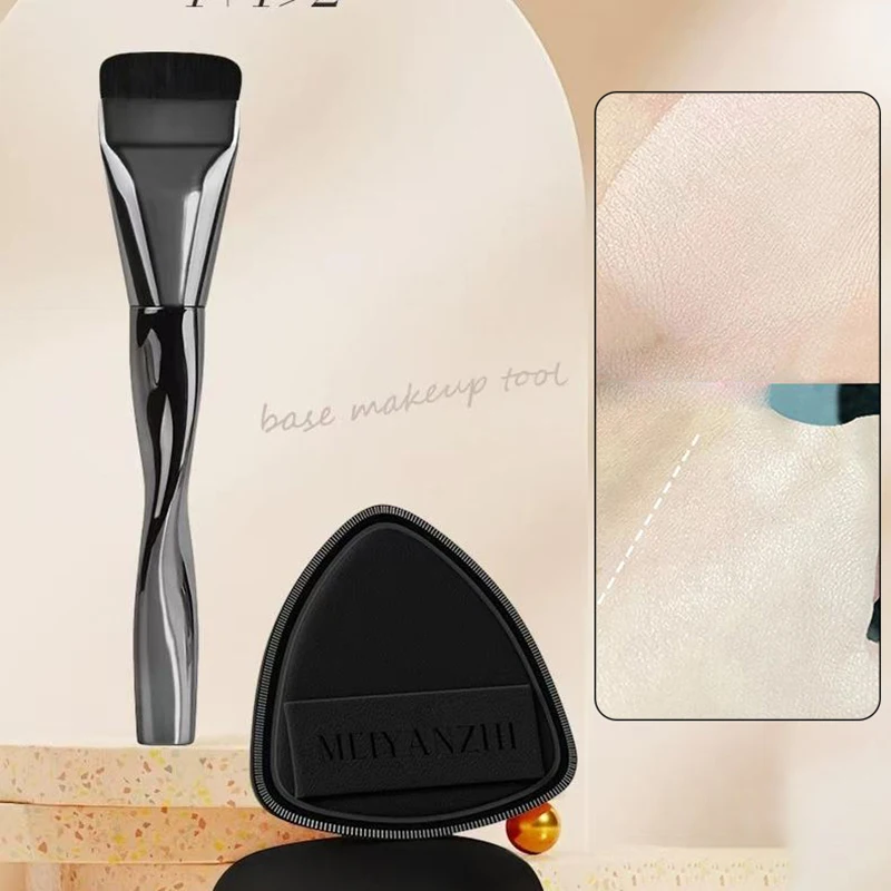 Flat-head Foundation Brush And Black Makeup Puff Blender Sponge Ultra-thin Head Traceless Concealer Applicator Tool