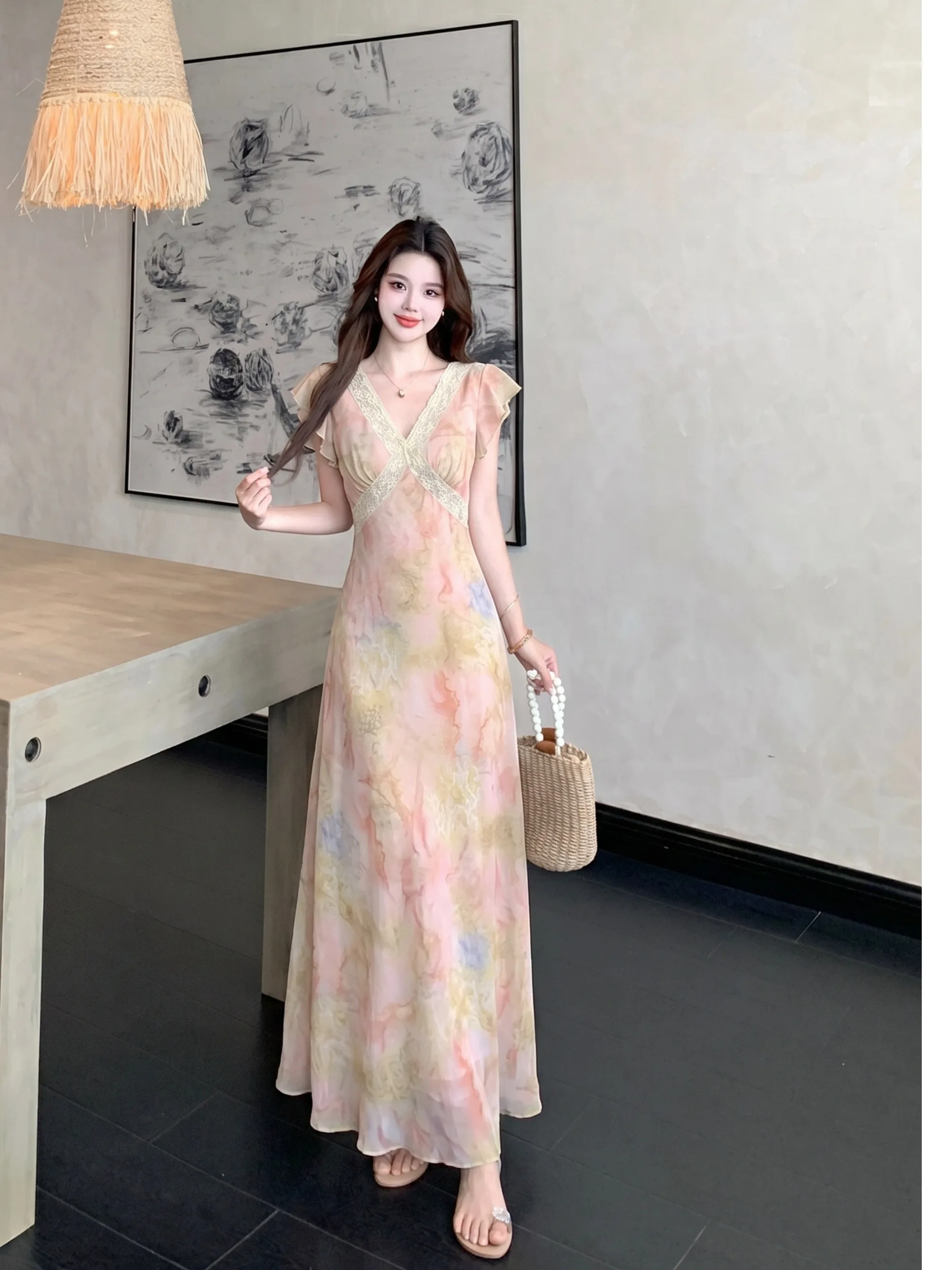 

plus Size Women's Pink Lace V-neck Floral Print Dress Summer New Style Waist-cinching Long Dress Korean Style Commute Wind