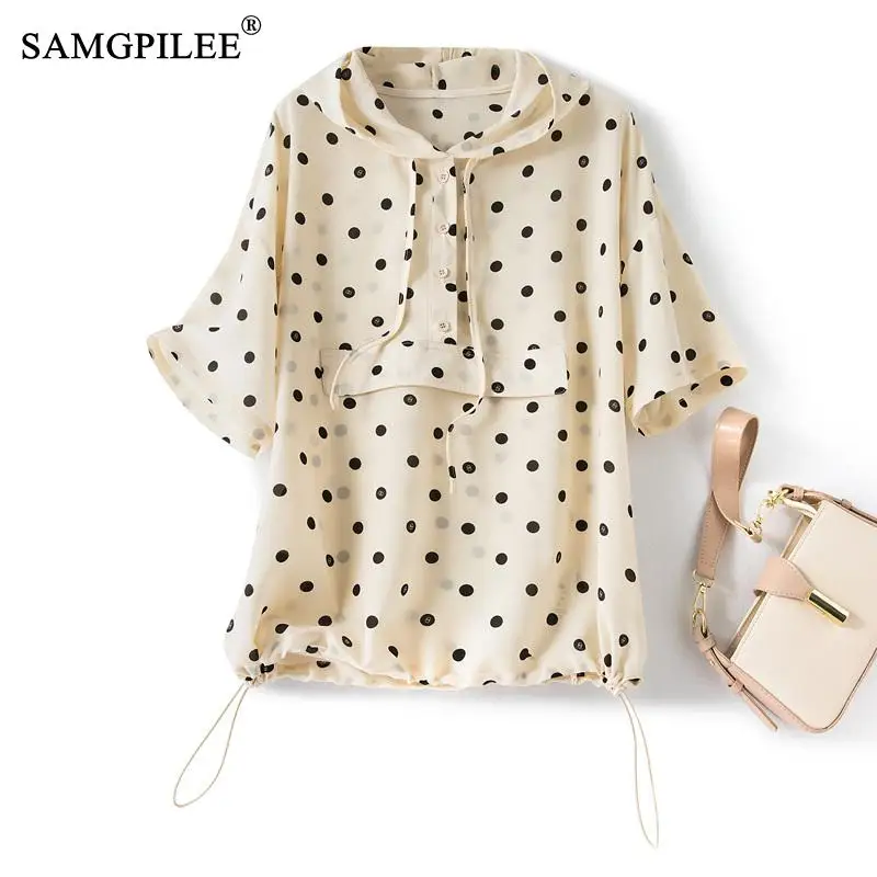 

Sweet Polka Dot Chiffon Shirts And Blouses 2023 Summer Thin Korean Fashion Light Tops Summer Youth Loose Women's Clothing 4XL