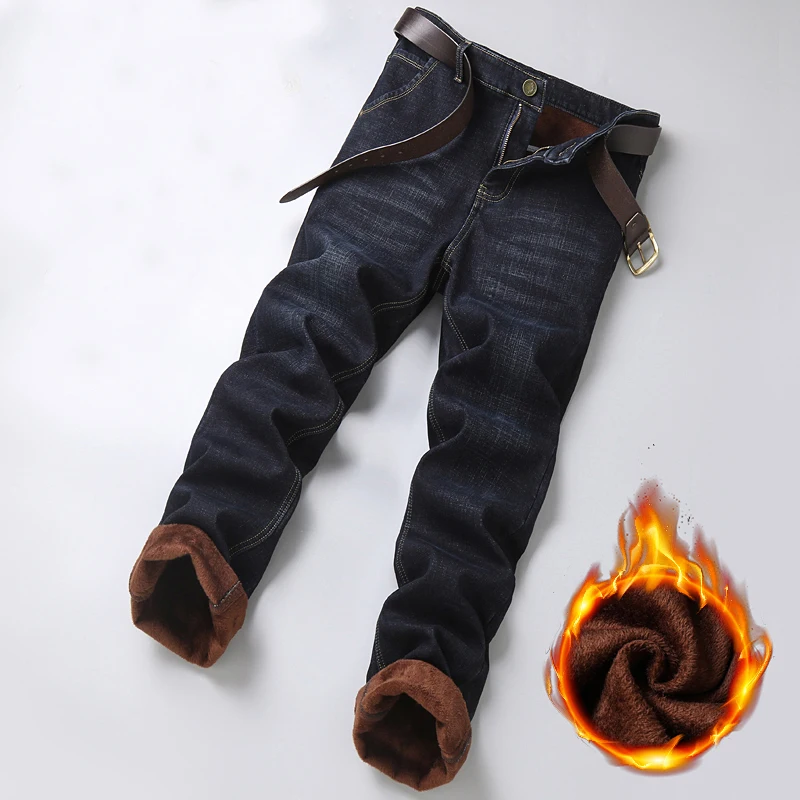 2023 inverno nuovi Jeans caldi da uomo Business Fashion stile classico nero blu Denim dritto in pile pantaloni spessi pantaloni di marca maschile