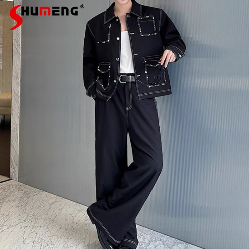 

Новинка 2025, модные удобные комплекты костюмов, мужские высококачественные куртки ручной работы с лацканами контрастного цвета, джинсы, красивые комплекты из двух предметов