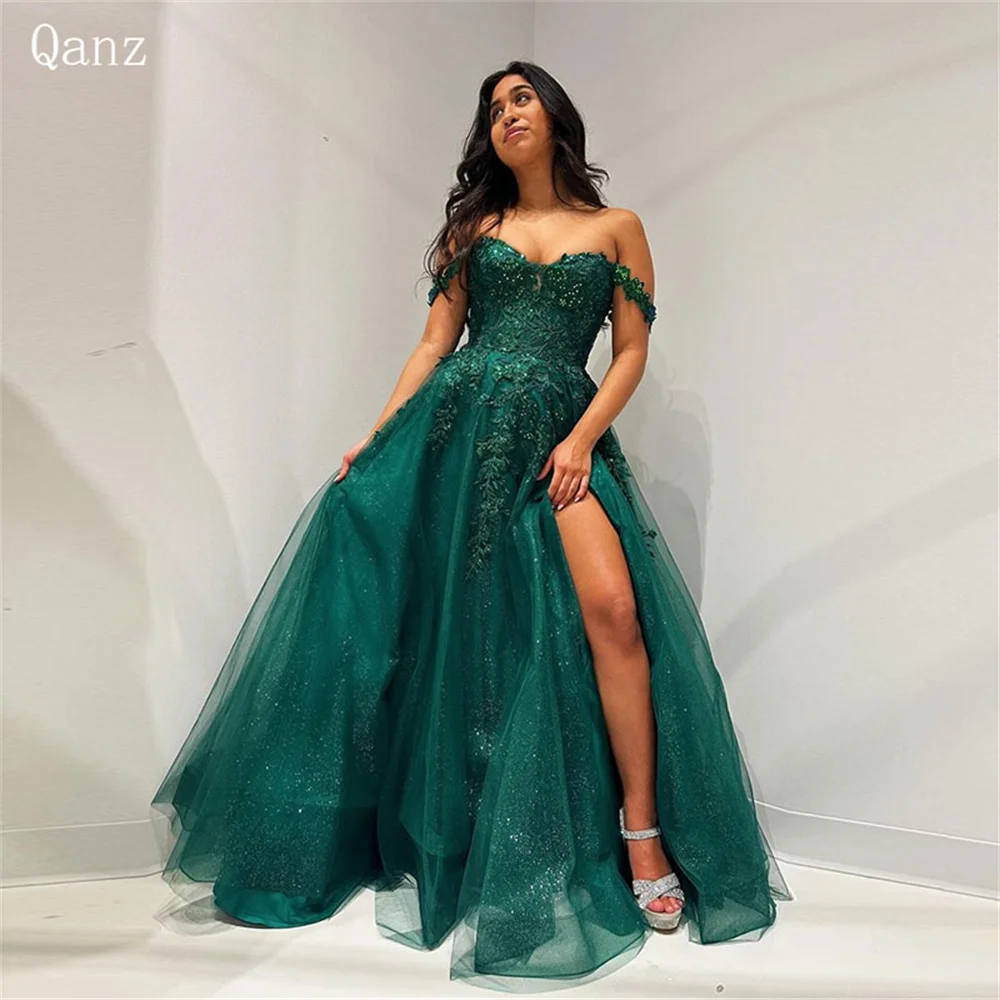 

Qanz Emerald Green Formal Occasion Sparkle Appliques Lace Off The Shoulder Evening Dresses Tulle Slit A Line Bridal Maids Dress