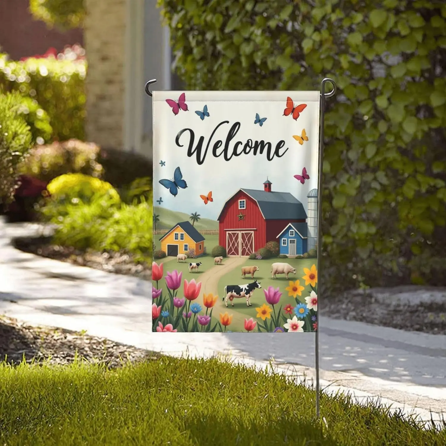 Farm Scene Welcome Sign With Farm Animals And Rustic Barns Double Sided Garden Flag 12X18 Inch Rustic Farmhouse Seasonal Out AAM