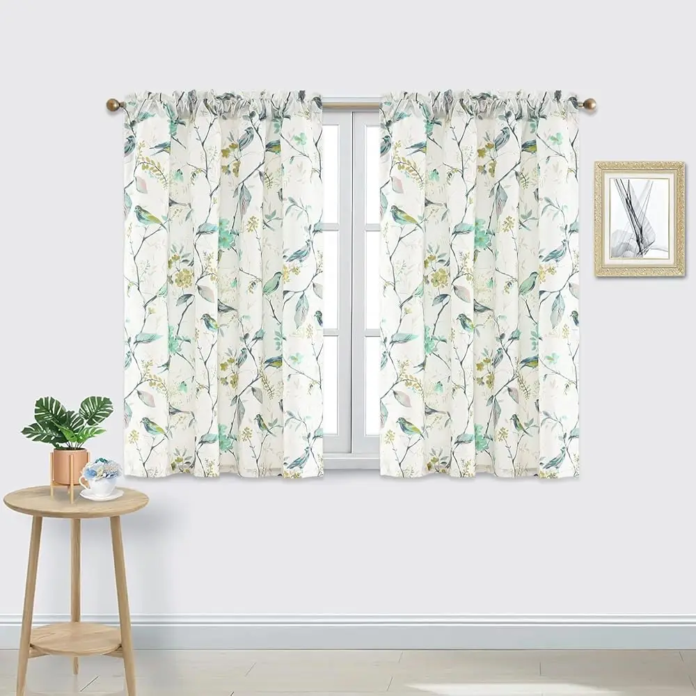 

Small Ains Drapes, Classic Green Birds And Colorful Flowers Window Treatment, Light Ing Panels For Kids Room Living Room, 42 X