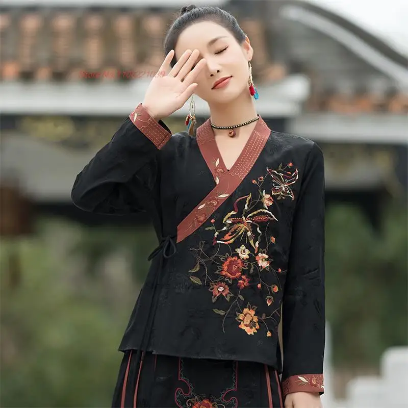 

2024 chinese traditional coat women hanfu tops national flower embroidery improved satin jacquard coat oriental retro tang suit