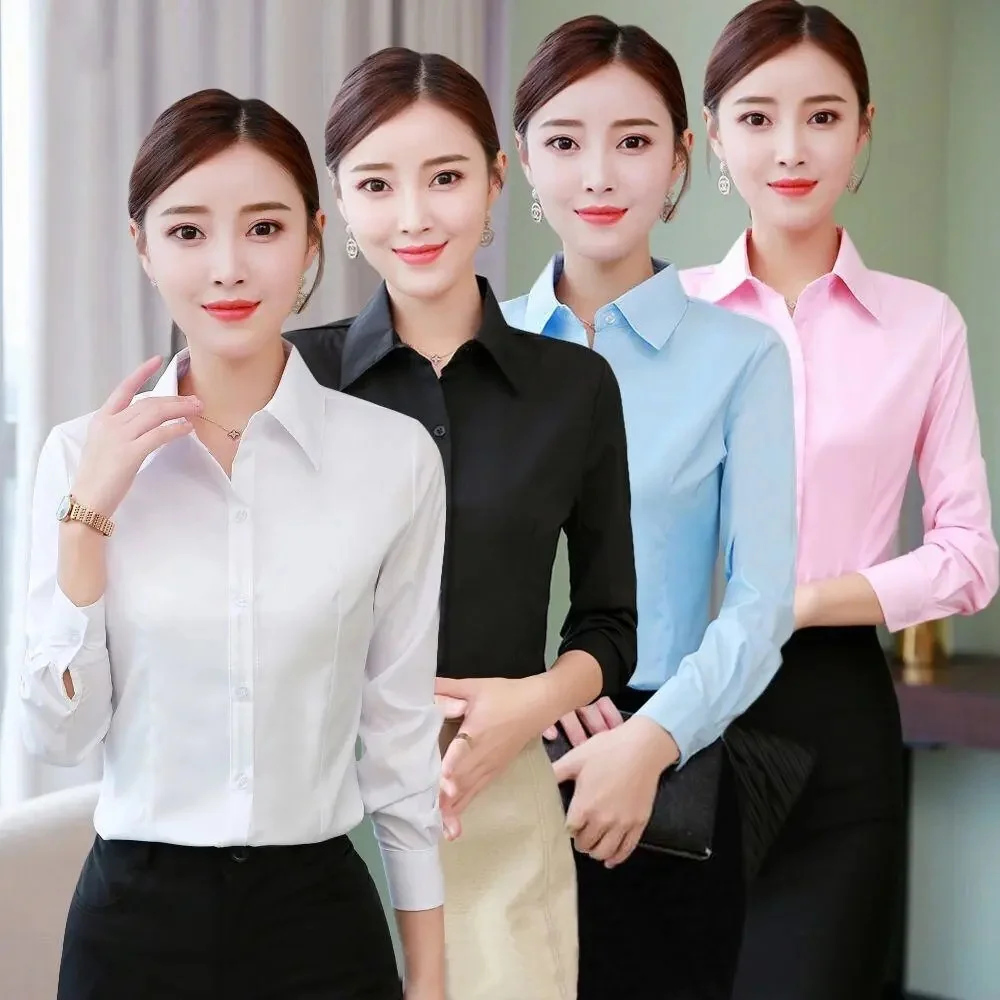 Korean Fashion White Shirt Women's Blouse Slim Fit Professional Work Formal Office Lady Ol White Shirt Top