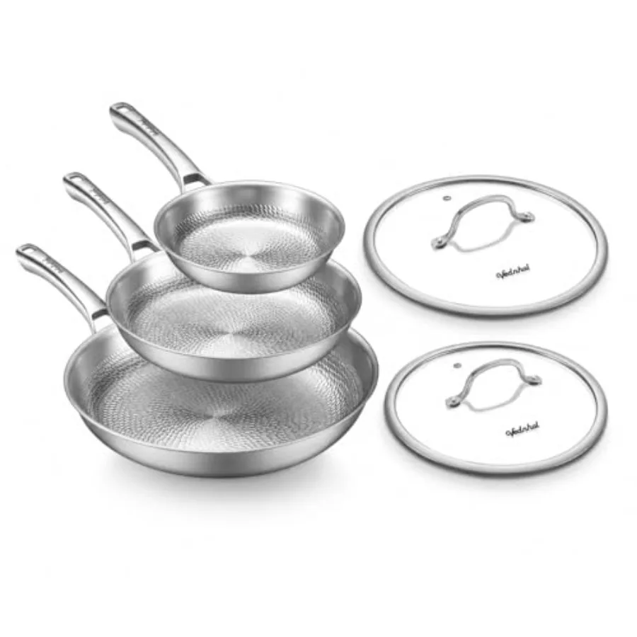 

Titanium Pans Set for Kitchen Cooking: 8+10+12 Inch Pure Titanium Hammered Skillets with 2 Lids, PFAS/PFOA/PTFE Free, Dishwashe