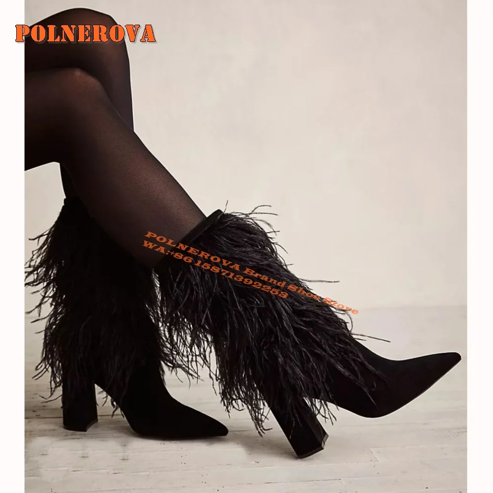 Black Feather Block Heel Ankle Boots Pointed Toe Solid Pull On Large Size Sexy Women Winter Booties 2024 Street Style Spicy Girl