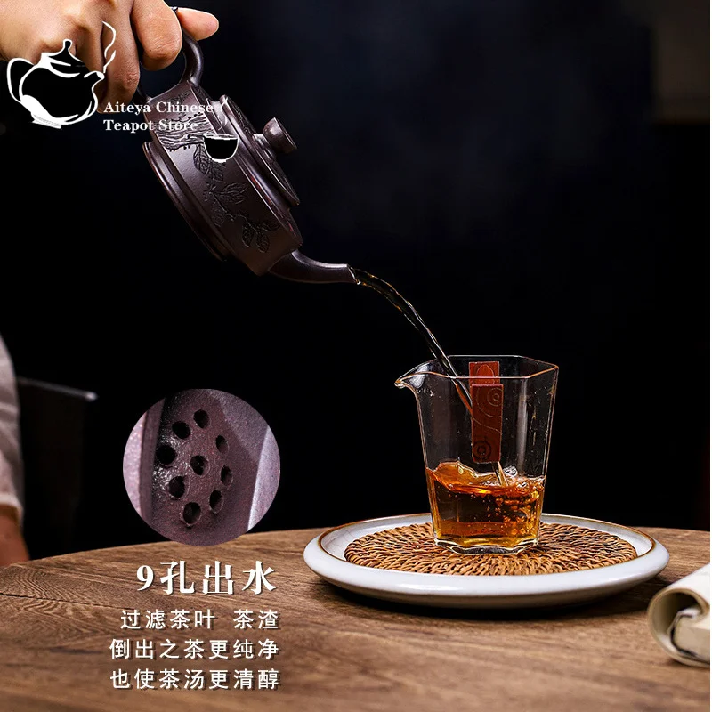 Yixing-Handmade Purple Clay Pot, Raw Mine, Old Purple Mud, Floating Flower, Round Plate, Kung Fu Tea Set, Chinese Tea Pot, 280ml