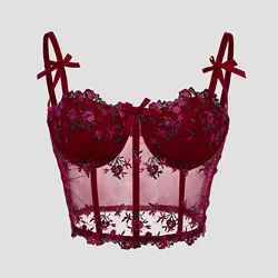 Sexy Lace Floral Embroidery Bow Corset For Women Camisole Sheer Mesh Fishbone Slim Crop Top Wired Bra Camis Festival Lingerie