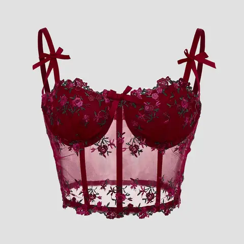 Corsetto sexy con fiocco ricamato floreale in pizzo per donna Canotta a rete trasparente a lisca di pesce Slim Crop Top Reggiseno cablato Camis Festival Lingerie