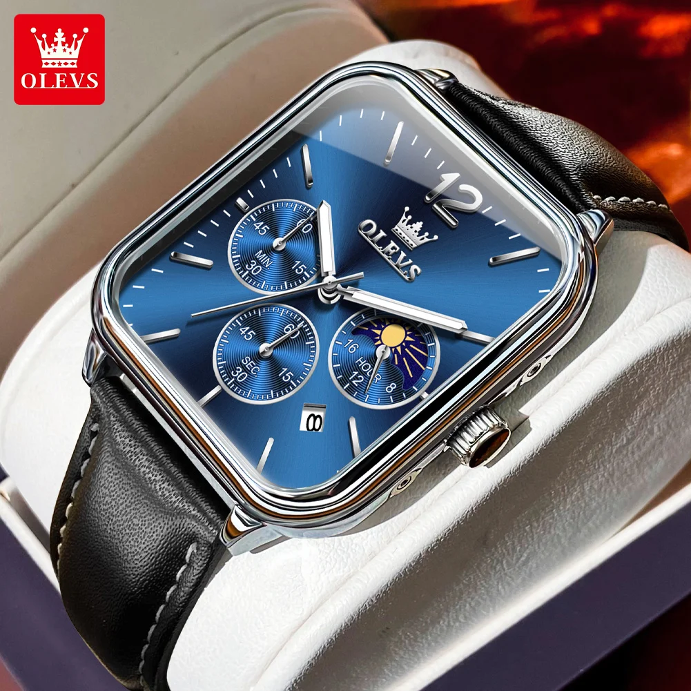 

Мужские спортивные часы OLEVS 9914, квадратные, кварцевые, с указателем фаз луны, многофункциональные, водонепроницаемые, светящиеся, в подарок мужчине