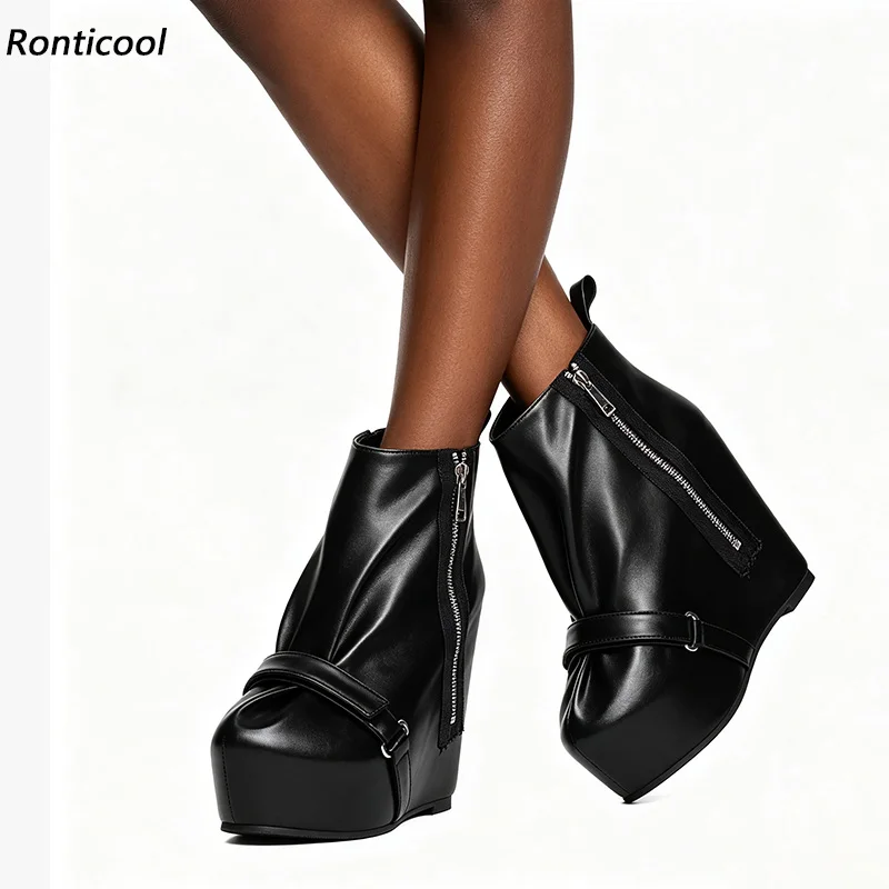 Ronticool 2026 Fashion Women Winter Ankle Boots Unisex Wedges Heels Round Toe Black Burgundy Party Shoes Plus US Size 5-20