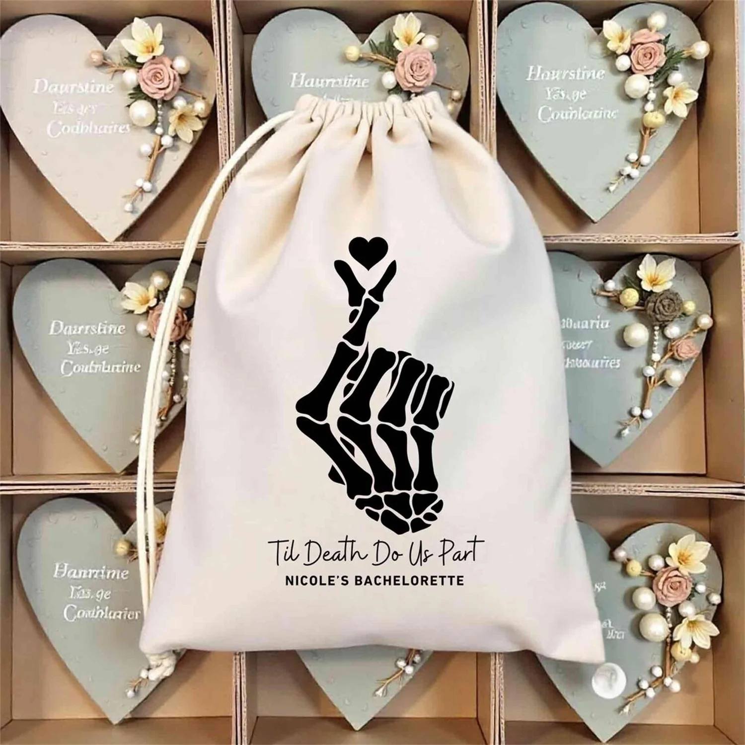 25 PCS Personalized Skeleton Hands Till Death Hearts Bag - Wedding Long Live Quotes Favor Bags - Custom Name Bach Bags - Weekend