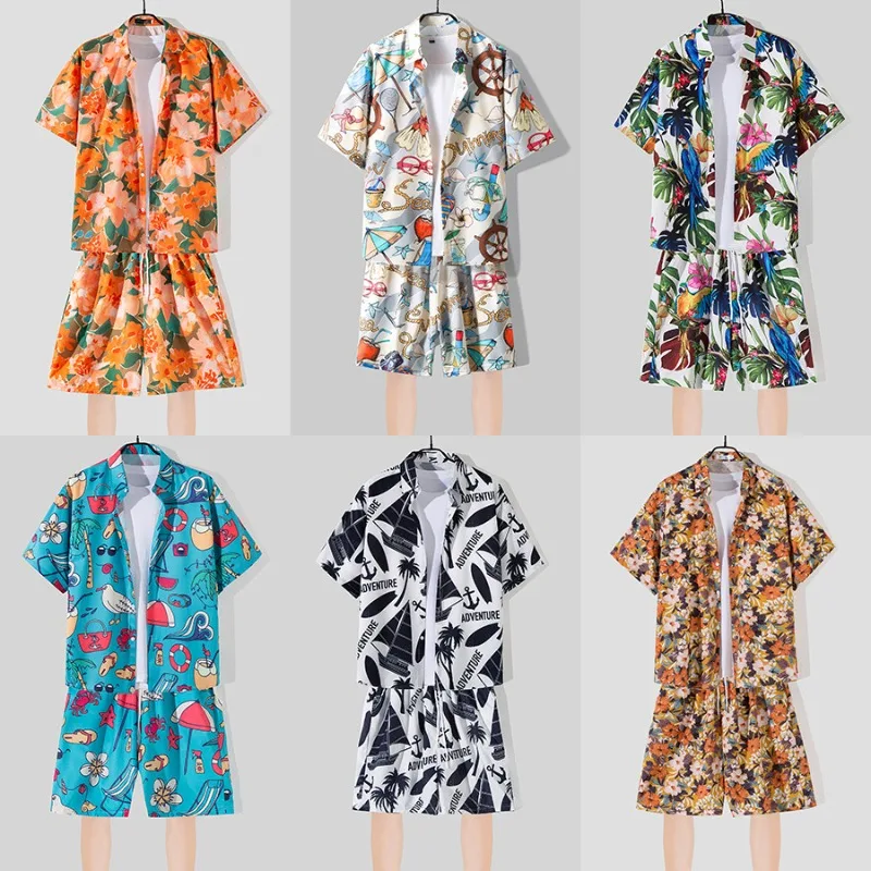 

Hawaii Beach Floral Casual Short Sleeve Shirt Men's Style Retro Hong Kong Flavor Handsome Two-Piece Set Summer Leisure Outfit