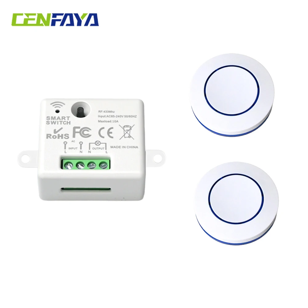 CENFAYA 433HMz Mini Wireless Light Switch 110V 220V 230V 10A Relay Receiver Module RF Round Remote ON/OFF for LED Lamp Bulb Fan