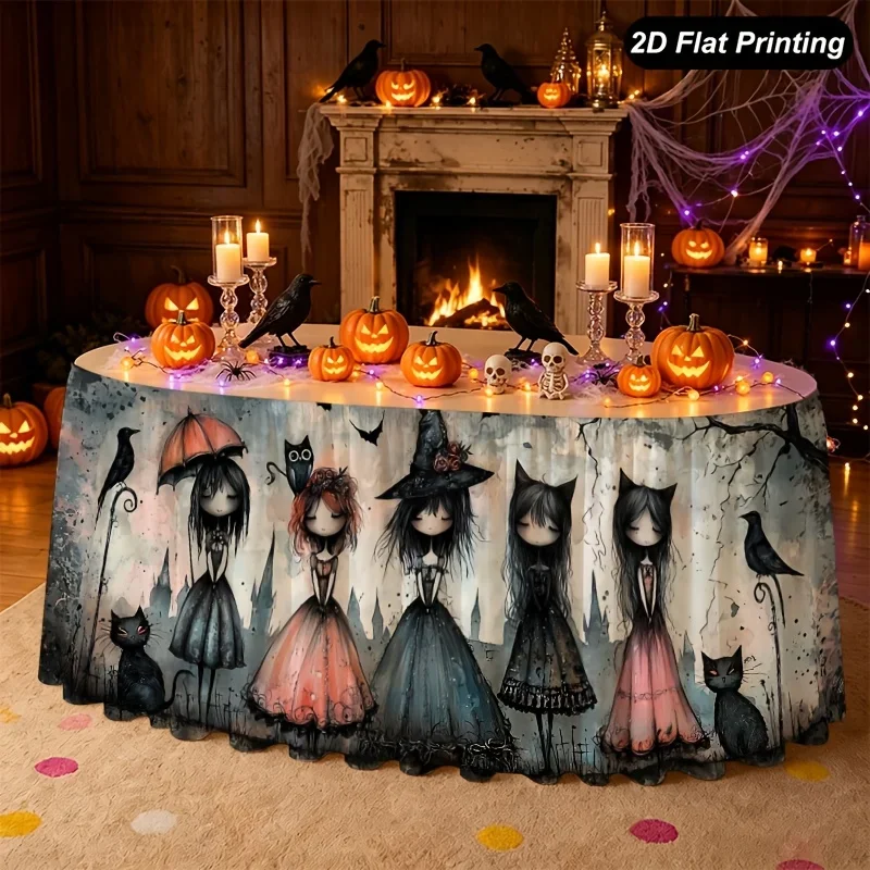 1pc Halloween table skirt, long dress with ancient castle, lightning,dark clouds,black birds, cat owl, suitable for Halloweenxzj